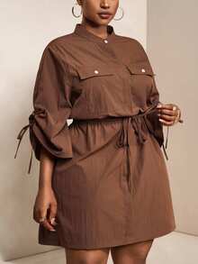 Veslaya Nouvelle robe chemise élégante pour le printemps/été, décontractée et polyvalente pour la navette, les vacances, les sorties et le quotidien. Col montant, manches raglan, taille avec cordon de serrage, poches, en tissu tissé. grande taille. Couleur marron - Tabac - Voir 7