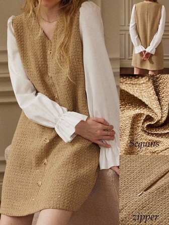 Écloséra 法式复古休闲V领梭织拼布白色长袖卡其色连衣裙，女春秋拼色拼布连衣裙，女休闲连衣裙，秋季