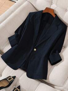 GlowEve CURVE Áo khoác blazer nữ cỡ lớn, màu trơn, cổ ve áo, tay dài, cài một nút, kiểu dáng thường ngày/công sở. - Màu xanh lam - Xem 3