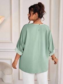 Cravure Plus Size Round Neck 3/4 Sleeve Metallic Fabric Patchwork Contrast Color Woven Fabric Cuff Raglan Sleeve Casual Outgoing Holiday Commute Party Pullover Shirt - Mint Green - View 2
