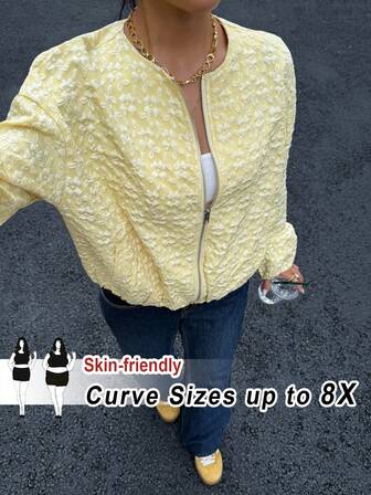 SHEIN CURVE+ New Autumn Yellow Jacquard Loose Cropped Jacket