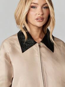 MISSGUIDED Áo khoác bomber cổ bẻ phong cách cổ điển, nhẹ, ngắn, có khóa kéo, trang phục thường ngày, cổ điển, thời trang mùa thu đông - Màu Khaki - Xem 5