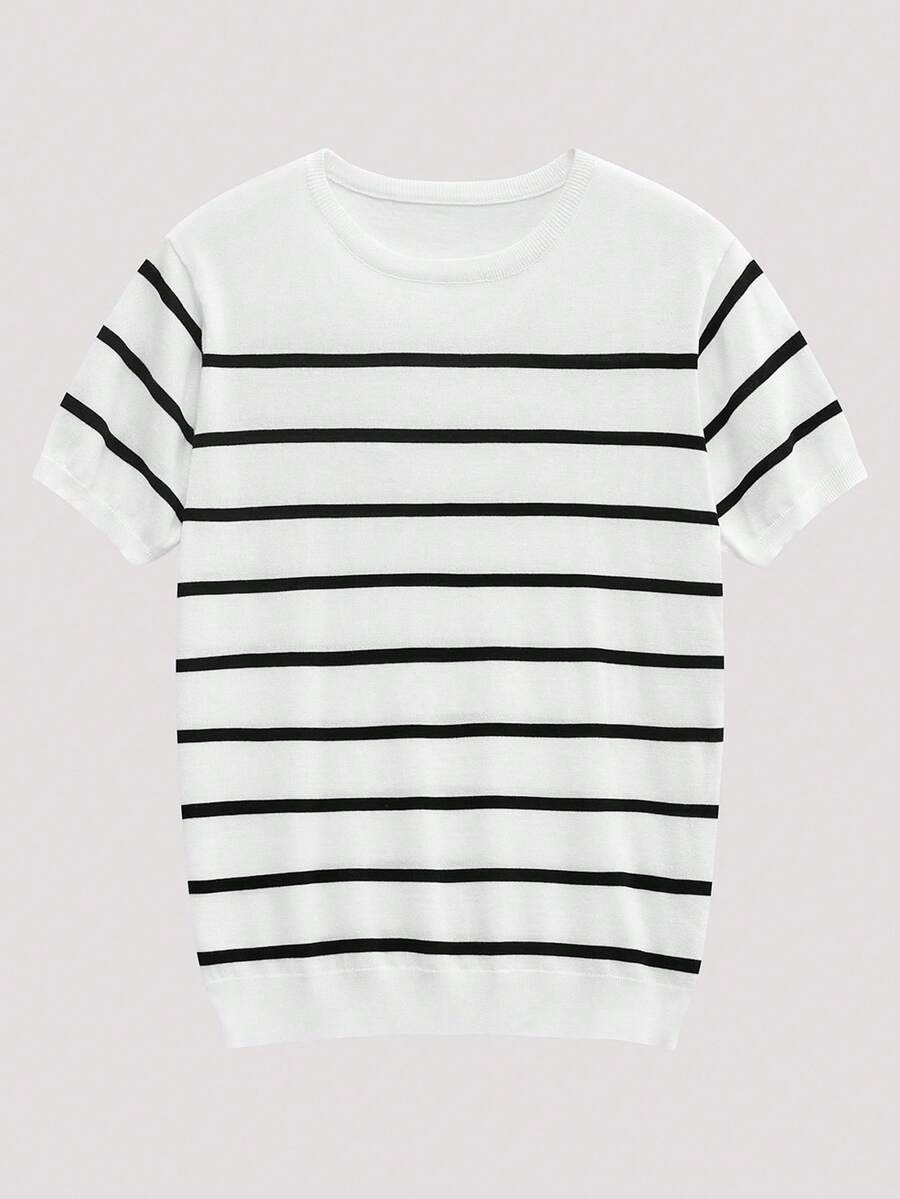 Open Phase STONE DISTRICT Men's Striped Short Sleeve Knit Sweater Top T-Shirt Spring To Summer - White - View 1