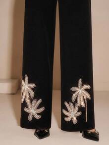 Anewsta Women's Elegant Faux Pearl Embroidered Hem Mid-Rise Pants, Suitable For Autumn, Fall, Winter, Going Out, Elegant, Formal, Chic, New Year, Christmas, Graduation, Wedding, Business