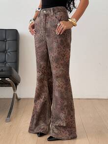 DAZY Jeans a zampa di leopardo stile cowgirl occidentale, pantaloni casual da strada alla moda per donne, stile Y2K autunno/inverno - Castano - Visualizzare 4