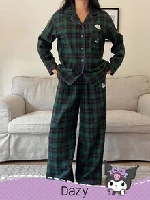 DAZY HELLO KITTY AND FRIENDS | SHEIN 女士格子卡通图案宽松上衣和裤子睡衣套装，秋冬服装 - 綠色 - 查看 5