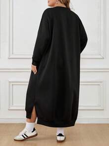 SHEIN CURVE+ Plus Size Women Loose Casual Long Fleece Hoodie Dress, Suitable For Halloween, Autumn/Winter/Autumn /Winter