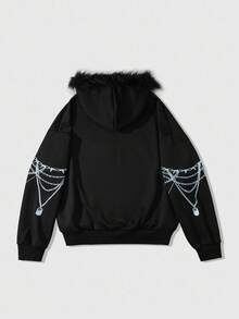 ROMWE MEN Street Life Sudadera con capucha de felpa con estampado de letras para hombre, otoño/invierno - Negro - Ver 3