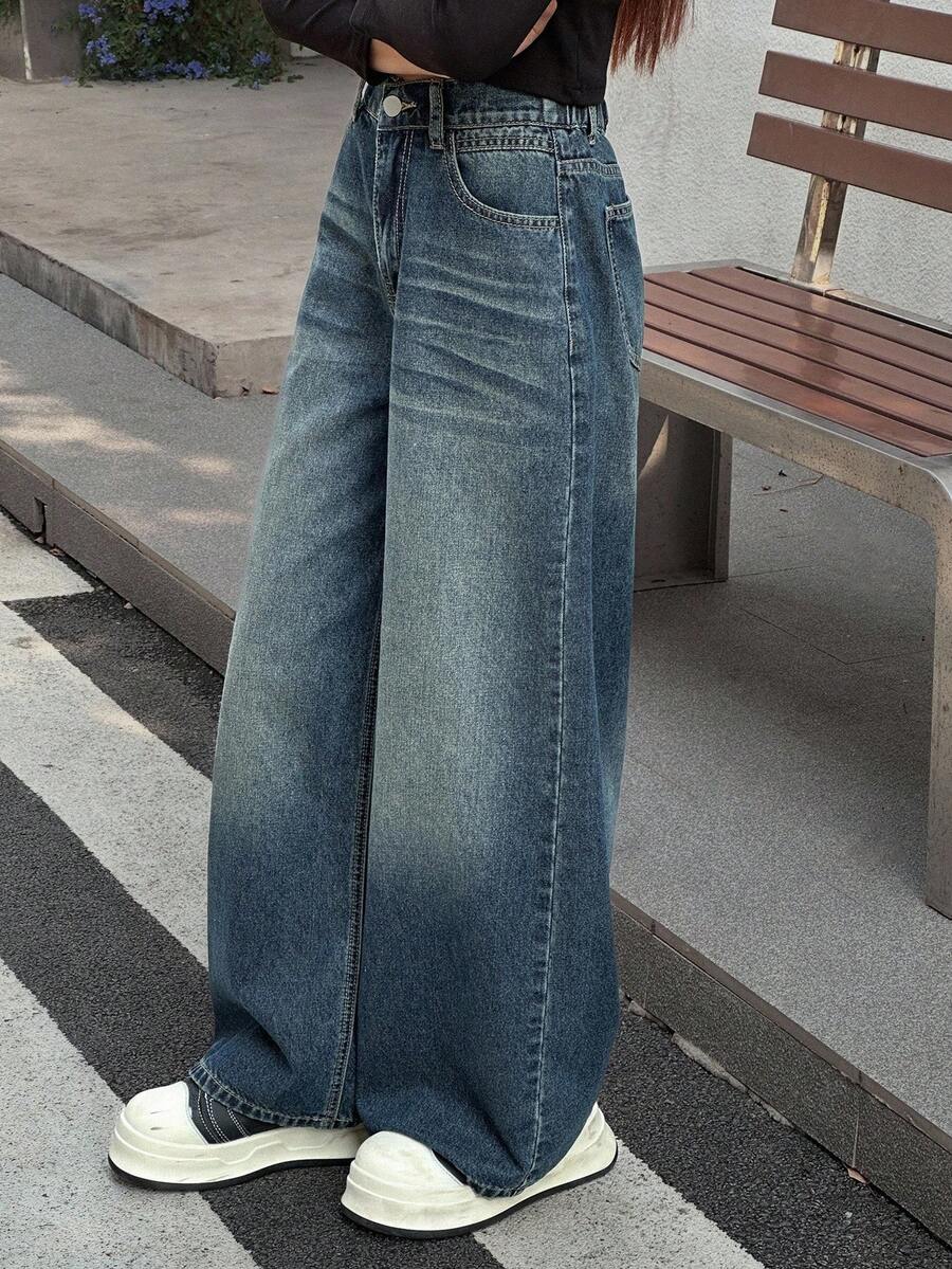 DAZY 青少年女孩日常穿着牛仔裤 - 深色水洗藍 - 查看 1