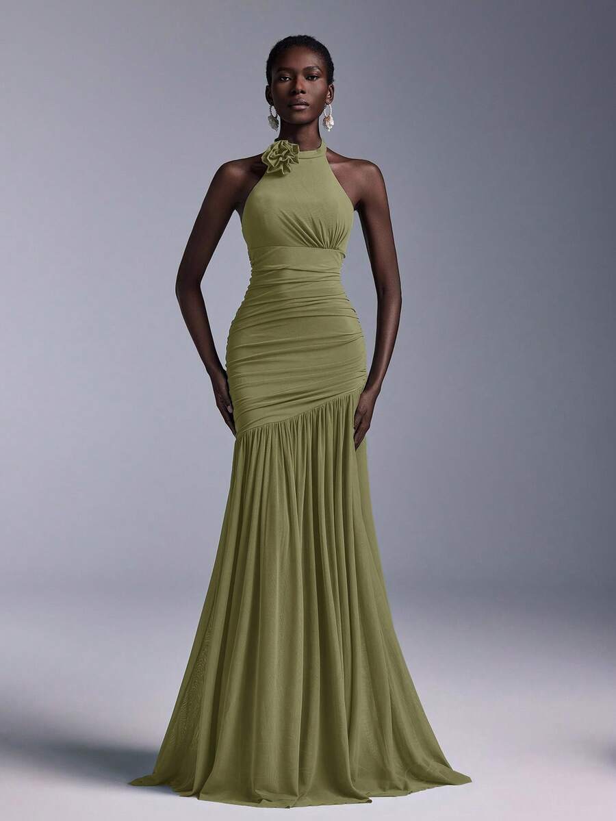Elitara Elegant Halter Neck 3D Floral Bust Ruched Mesh Sheer Fishtail Bridesmaid Dress - Olive Green - View 1