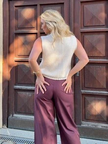 Jeta Ari Colete de malha casual com decote em V e abotoamento simples feminino de cor sólida - Bege - Ver 2