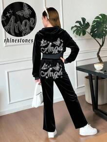 Tween Girl Velvet Rhinestone Hoodie & Fitted Pants 2pcs Suit Set, Fashion Casual Outfit For Halloween, Christmas Party, Weekends, Casual Outing Fall Winter - Black - View 3