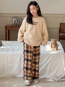 DAZY 2pcs Tween Girl Tween Girls Crew Neck Fleece Letter Embroidered Sweatshirt + Pants Loungewear Set, Autumn - Khaki - View 2