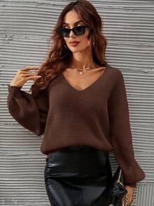 SHEIN Frenchy Áo len chui đầu tay dài cổ chữ V màu trơn, thường ngày, đa năng, thời trang thu đông cho nữ - Cà phê nâu - Xem 6