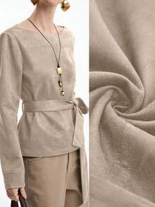 Aalyst Chemise décontractée pour femmes à col bateau, couleur unie, avec design de poignets, taille cintrée, manches longues, automne - Nude - Voir 1