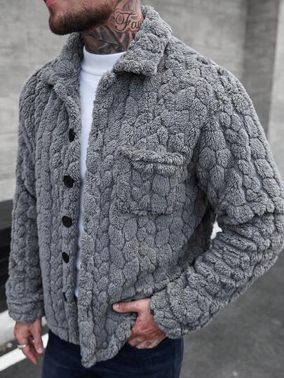 Manfinity CasualCool Men's Single-Breasted Pocket Casual Fleece Jacket, Autumn/Winter Grey Jacket Man Men OuterwearMan