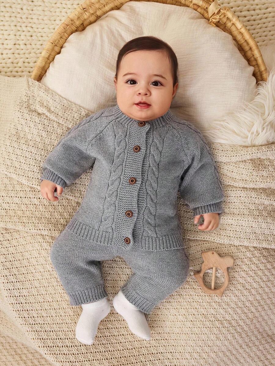 Cozy Pixies Newborn Baby Boy/Girl 2pcs Set: Solid Gray Knit Soft Crew Neck Long Sleeve Cardigan Sweater Top And Elastic Waist Pants Fall Winter Knitted Baby Boy Outfit Baby Boy Cardigan Infant Sweater Romper Boy Newborn Baby Layette Set Baby Sweater Cardigan