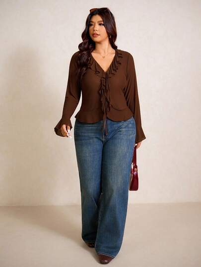 Elaquor 大码女式优雅纯色荷叶边喇叭袖上衣