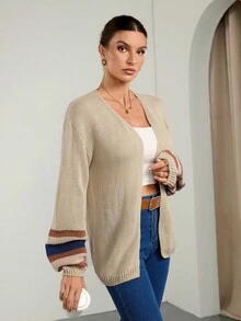 SHEIN Tall Women Casual Color-Block Striped Cardigan Thanksgiving Winter , Autumn/Winter, Daily Wear, Tall Women - Apricot - View 6