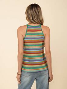 Coeurva Camiseta de punto casual de verano con cuello halter a rayas y efecto dopamina