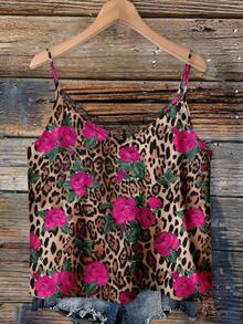 Mellowie Camiseta de tirantes de talla grande con base negra, parches de encaje, estampado de rosas y leopardo, elegante para vacaciones, citas, fiestas. Parte superior con estampado de leopardo, estampado animal, encaje y estampado floral para mujer. - Multicolor - Ver 2