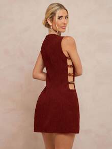 Lumalex Đầm ngắn chữ A cổ tròn khoét eo đính hạt không tay dành cho nữ - Màu Đỏ Sâu - Xem 3