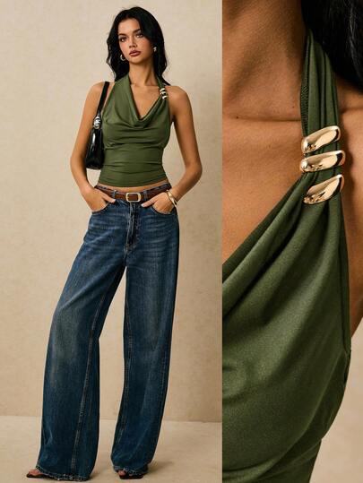 Poéselle Women's Solid Color Draped Neck Ruched Metal Decor Fashionable Halter Top