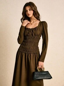 Poéselle Vestido largo de unicolor elegante con cintura ceñida, adecuado para ir al trabajo - Café integral - Ver 7