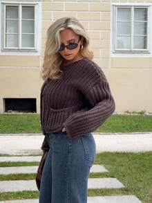 Jeta Ari Women's Solid Color Front Button Long Sleeve Casual Blouse,Knitted Sweater - Coffee Brown - View 4