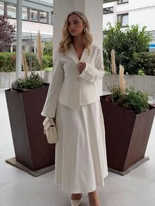 Jeta Ari Nouvelle ensemble femme 2 pièces élégant pour l'automne : veste à manches longues à bouton unique de couleur unie et jupe longue à volants - Nude - Voir 4
