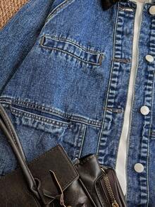 Attitoon Women's Autumn Contrast Color Lapel Raglan Sleeve Single-Breasted Casual Denim Coat Retro Jean Coat Street Casual Contrast Lapel Multi-Pocket Loose-Fit Denim Coat Women's Winter Coat New Year Casual Coats For Women - Medium Wash - View 4