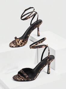 CUCCOO SZL Multi-Color Leopard Print Satin Satin Ankle Strap Fashionable Sexy Elegant French Style 8.8CM High Heel Round Toe Stiletto Sandals