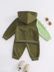 Cozy Pixies 2件套男童卡通恐龙印花连帽夹克和松紧腰裤套装 - 軍綠色 - 查看 2