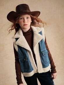 少女牛仔外套，Y2K风格秋冬保暖牛仔背心，休闲可爱百搭个性设计，街头时尚拼接毛绒口袋装饰无袖简约翻领宽松背心，柔软舒适的棉质牛仔面料，适合日常外出、聚会、上学、通勤、居家穿着，2025秋冬新款儿童西式服装