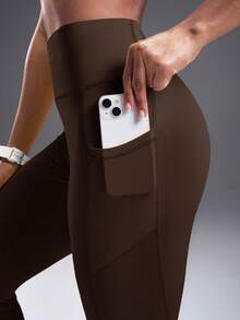 Powerista Women's Brown High Waist Workout Leggings With Pockets - Coffee Brown - View 7