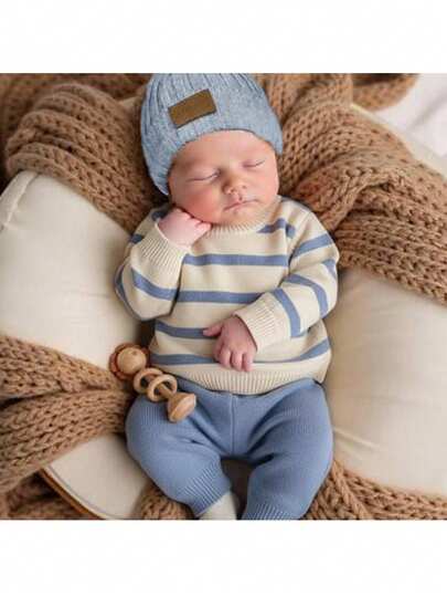 Loomiva Conjunto de 2 piezas para recién nacida con suéter de cuello redondo de manga larga a rayas de colores y pantalones de cintura elástica