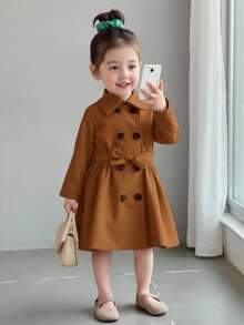 SHEIN Baby Girl Khaki Thermal Lined Long Coat With Lapel Collar, Casual & Cute, Autumn/Winter - Brown - View 2