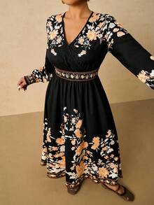 SHEIN VCAY 大码秋季服装全印花褶皱豹纹长袖连衣裙/秋季连衣裙/秋季女装秋季婚礼宾客连衣裙优雅女士连衣裙商务休闲女士工作连衣裙商务连衣裙 - 彩色 - 查看 7