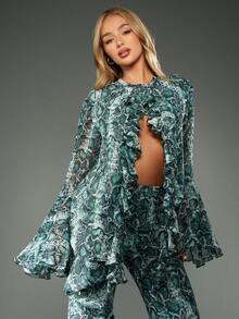 MISSGUIDED Langarm Schlangen-Muster Ausschnitt Rüschen Bluse für Partys, Abende, Clubs, Statement Top, elegante Mode für Herbst und Feiertage - Grün - Übersicht 4