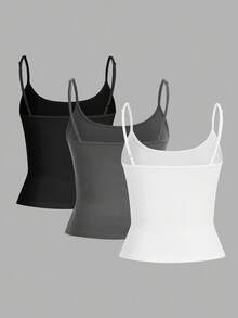 Tseoso 3件装女士黑色、白色、灰色95%纯棉吊带露脐上衣，性感紧身，适合夏季及所有季节。棉质背心，带毛领，3件装，修身吊带背心，女士细肩带背心。 - 彩色 - 查看 2