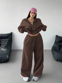 Vibekara Plus Size Casual Solid Color Sweatshirt And Sweatpants Set - Brown - View 1