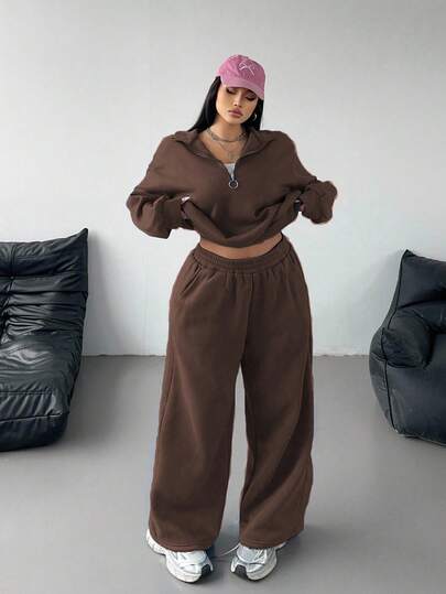 Vibekara Plus Size Casual Solid Color Sweatshirt And Sweatpants Set
