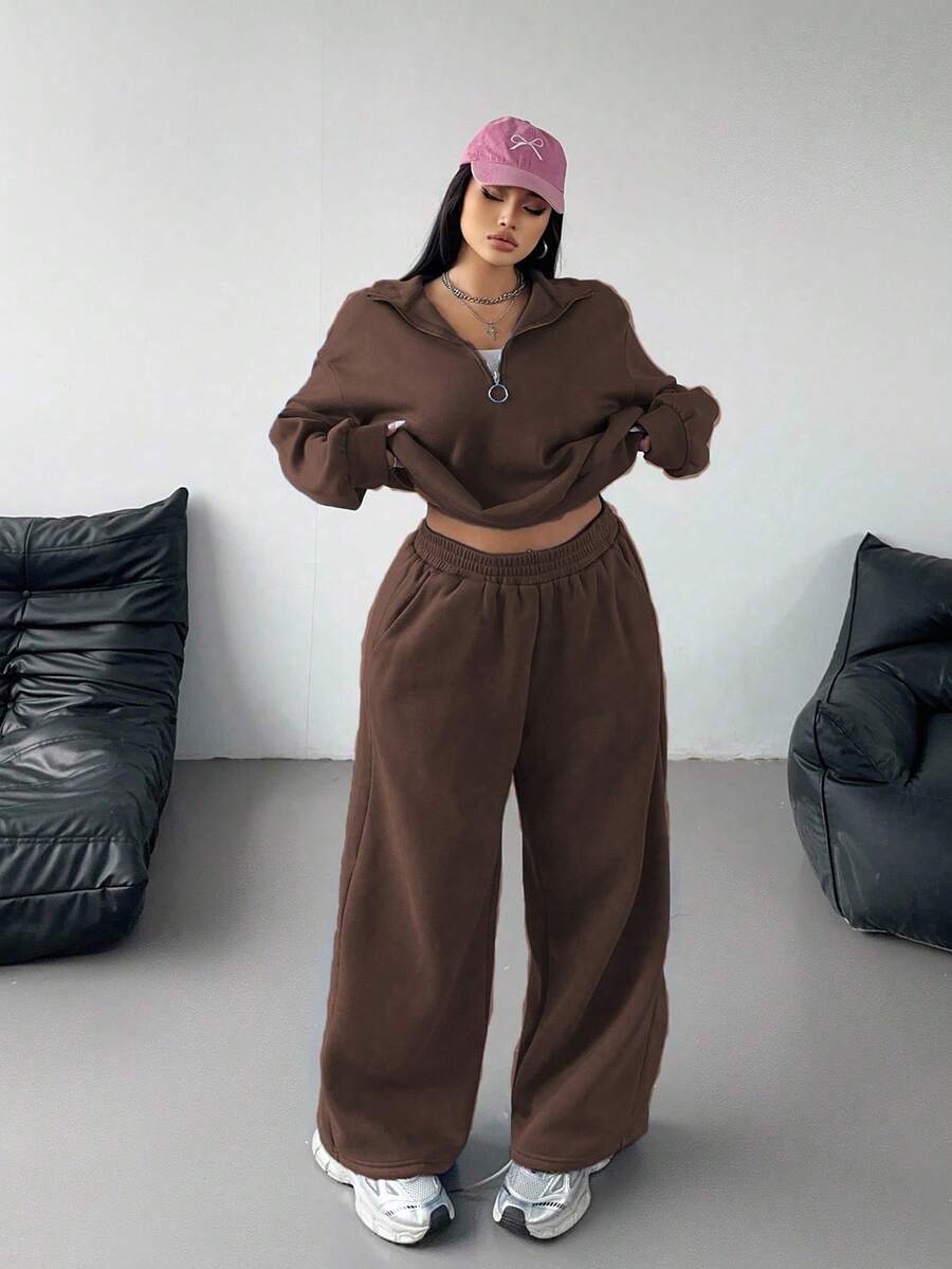 Vibekara Plus Size Casual Solid Color Sweatshirt And Sweatpants Set - Brown - View 1