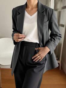 DAZY 女士商务休闲条纹翻领长袖西装外套秋冬 - 深灰色 - 查看 5