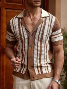 Manfinity CityGents Men's Front Button Short Sleeve Striped Casual Knit Top Beach Vacation - Multicolor - View 5