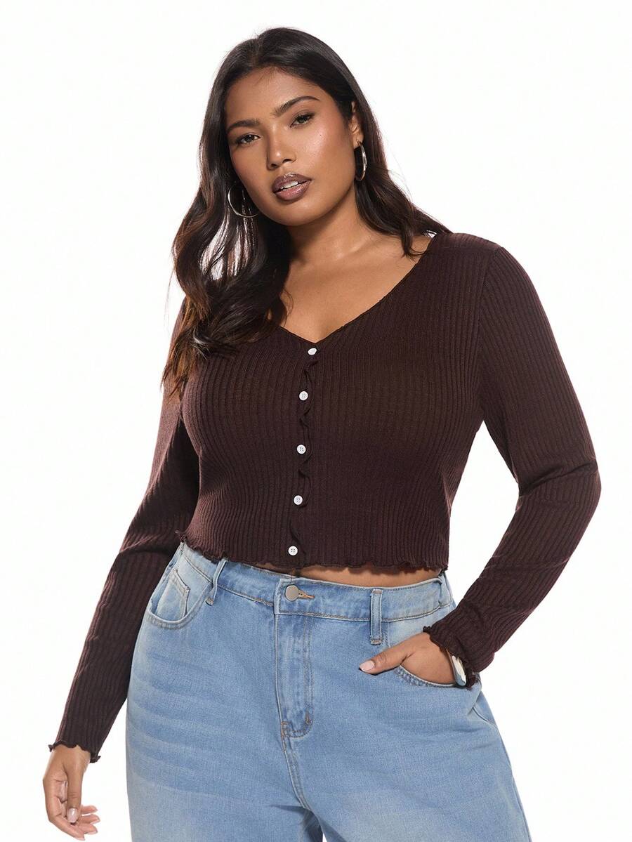 Solavibe 大码女式纯色单排扣长袖荷叶边下摆休闲 T 恤