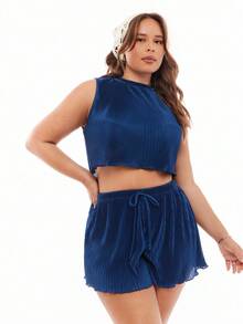 SHEIN EZwear Setelan 2 potong Atasan Tank Top dan Celana Pendek Warna Polos Kasual Musim Panas Ukuran Besar - Biru - View 4