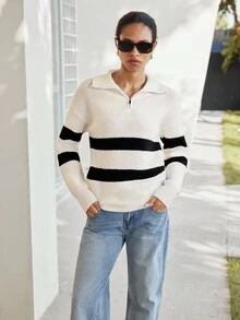 SHEIN LUNE 女士休闲时尚简约通勤百搭宽松拉链领罗纹套头毛衣，秋冬 - 白色 - 查看 3