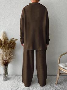 EURMUSE Drop Shoulder Zipper Half Open Knitted Sweater And Pants Two Piece Set - Rust Brown - View 2