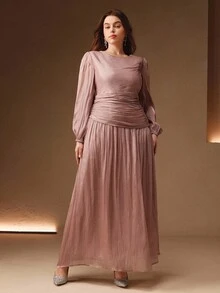 Anewsta 大码女式橄榄绿亮面长连衣裙，圆领腰部褶皱设计，泡泡袖，优雅百搭，适合秋季、冬季、外出、正式场合、派对、时尚、新年、圣诞节、工作、毕业典礼、婚礼、休闲等各种场合。